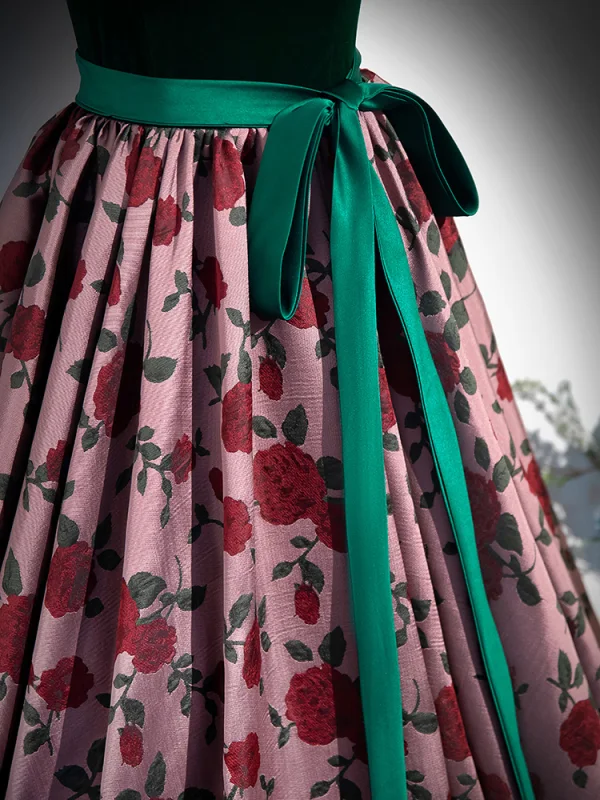 Vintage / Retro Dark Green Printing Prom Dresses 2024 Ball Gown Square Neckline Bow Sash Short Sleeve Backless Floor-Length / Long Prom Formal Dresses