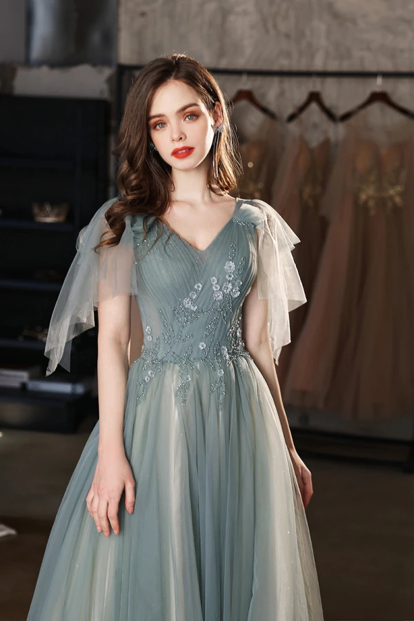 Chic / Beautiful Green Beading Sequins Prom Dresses 2022 A-Line / Princess V-Neck Short Sleeve Backless Floor-Length / Long Formal Dresses