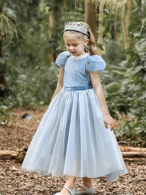 Fashion Sky Blue Star Sequins Birthday Flower Girl Dresses 2023 A-Line / Princess High Neck Puffy Short Sleeve Tea-length Flower Girl Dresses
