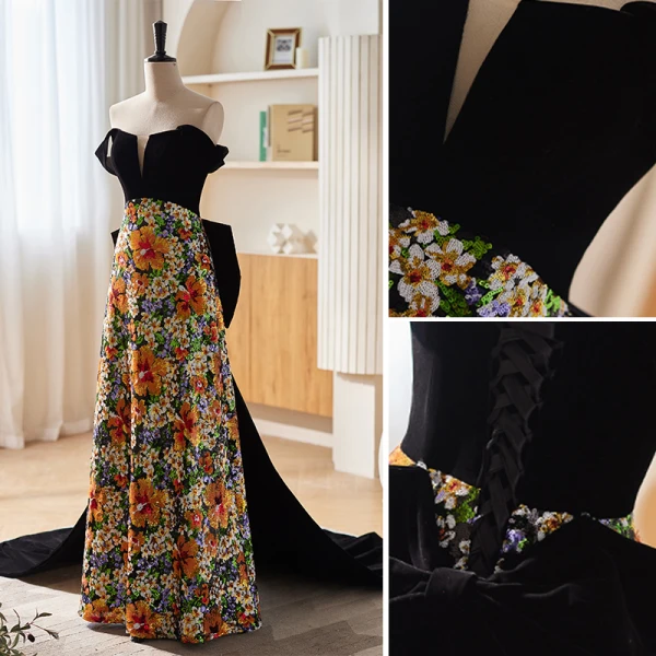 Haut de Gamme Fantaisie Multi-Couleurs Paillettes Robe De Soirée 2023 Princesse Bustier Sans Manches Dos Nu Noeud Longue Soirée Robe De Ceremonie