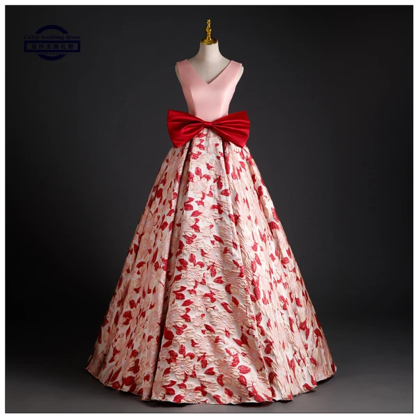 Lovely Blushing Pink Printing Prom Dresses 2023 Ball Gown V-Neck Sleeveless Backless Bow Floor-Length / Long Prom Formal Dresses