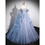 Fashion Sky Blue Cascading Ruffles Prom Dresses 2023 Ball Gown Strapless Short Sleeve Backless Sweep Train Prom Formal Dresses