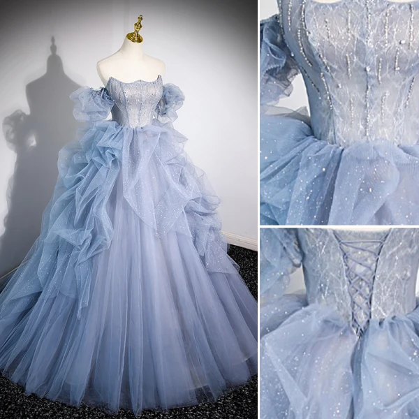 Fashion Sky Blue Cascading Ruffles Prom Dresses 2023 Ball Gown Strapless Short Sleeve Backless Sweep Train Prom Formal Dresses