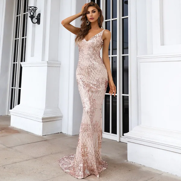 Sexy Vert Citron Paillettes Été Robe De Soirée 2022 Trompette / Sirène Bretelles Spaghetti Sans Manches Dos Nu Train De Balayage Soirée Robe De Ceremonie
