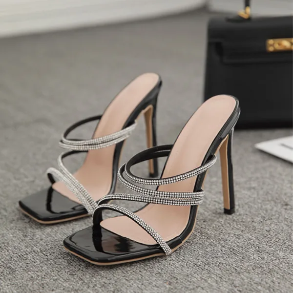 Charming Black Summer Evening Party Rhinestone Womens Sandals 2022 11 cm Stiletto Heels Open / Peep Toe Sandals High Heels
