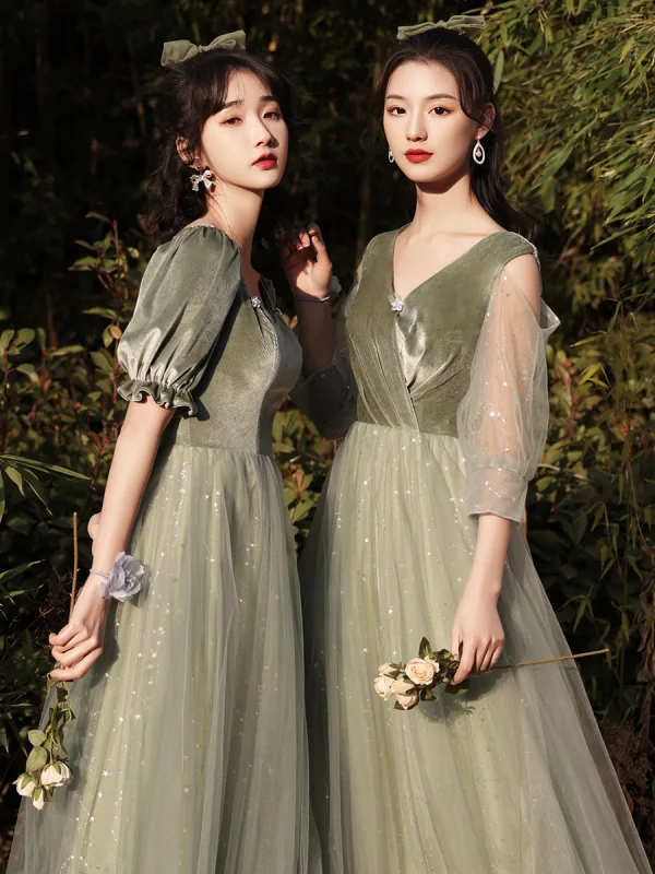 Chic / Beautiful Sage Green Velour Bridesmaid Dresses 2022 A-Line / Princess Sequins Suede Short Sleeve Backless Floor-Length / Long Bridesmaid Wedding Party Dresses