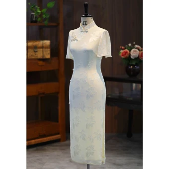 Chic Beautiful Champagne Silk Printing Evening Party Cheongsam 2024 Trumpet Mermaid High Neck Short Sleeve Tea Length