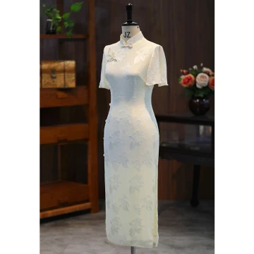 Chic Beautiful Champagne Silk Printing Evening Party Cheongsam 2024 Trumpet Mermaid High Neck Short Sleeve Tea Length