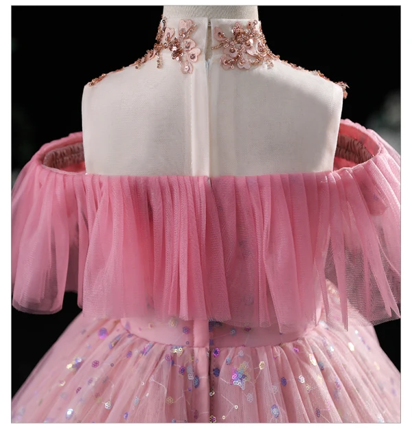 Chic / Beautiful Candy Pink Beading Sequins Birthday Flower Girl Dresses 2022 Ball Gown High Neck Short Sleeve Floor-Length / Long Flower Girl Dresses