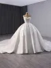 Luxury / Gorgeous White Handmade  Beading Sequins Satin Wedding Dresses 2024 Ball Gown Strapless Sleeveless Backless Royal Train Wedding