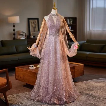 Mode Rougissant Rose Glitter Faux Diamant Paillettes Robe De Bal 2025 Princesse Col Haut Sans Manches Dos Nu Longue Tulle Promo Robe De Ceremonie