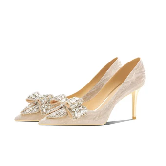 Charmant Doré Faux Diamant Paillettes Noeud Chaussure De Mariée 2022 Cuir 6 Cm Talons Aiguilles À Bout Pointu Mariage Escarpins Talons Hauts