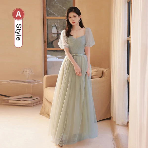 Simple Vert Cendré Robe Demoiselle D'honneur 2022 Princesse Manches Courtes Dos Nu Noeud Ceinture Longue Demoiselle D'honneur Robe De Ceremonie
