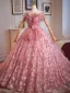 Flower Fairy Candy Pink Appliques Floral Prom Dresses 2025 Ball Gown Off-The-Shoulder Short Sleeve Backless Sweep Train Formal Dresses