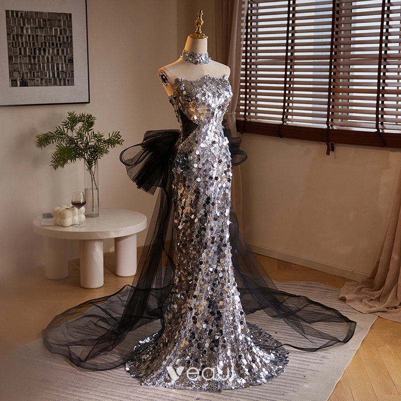 Charming Sparkly Silver Sequins Evening Dresses 2024 Trumpet / Mermaid Strapless Sleeveless Backless Bow Sweep Train Evening Party Formal Dresses Charming Sparkly Silver Sequins Evening Dresses 2024 Trumpet / Mermaid Strapless Sleeveless Backless Bow Sweep Train Evening Party Formal Dresses