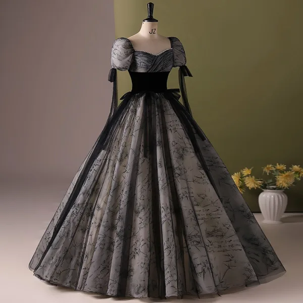 Elegant Black Printing Prom Dresses 2024 Ball Gown Square Neckline Short Sleeve Backless Floor-Length / Long Prom Formal Dresses