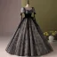Elegant Black Printing Prom Dresses 2024 Ball Gown Square Neckline Short Sleeve Backless Floor-Length / Long Prom Formal Dresses