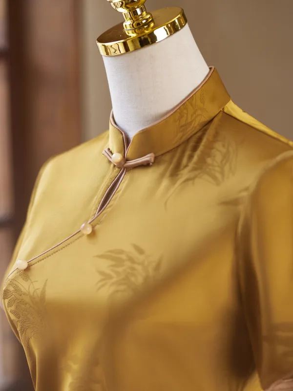 Vintage / Retro Yellow Evening Party Cheongsam 2025 Trumpet / Mermaid High Neck Short Sleeve Floor-Length / Long Cheongsam / Qipao