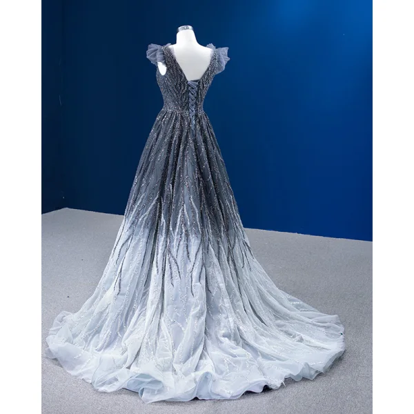 High-end Gradient-Color Grey Beading Sequins Evening Dresses 2022 A-Line / Princess V-Neck Sleeveless Backless Court Train Evening Party Formal Dresses