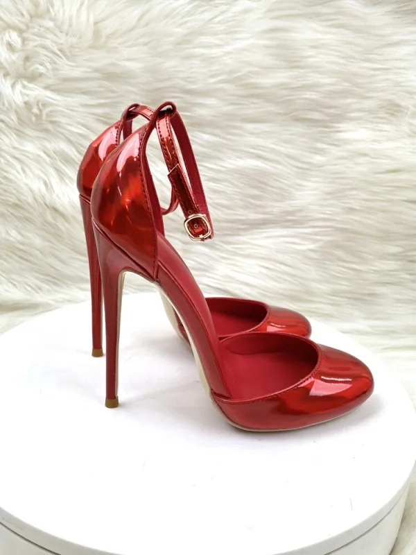 Sexy Burgundy Evening Party Patent Leather Womens Shoes 2024 Ankle Strap 12 cm Stiletto Heels Round Toe High Heels
