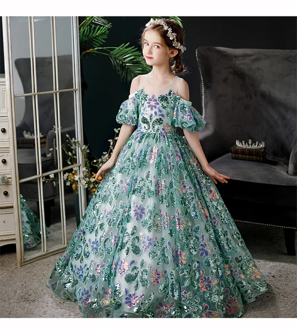 Vintage / Retro Green Sequins Birthday Flower Girl Dresses 2024 Ball Gown Scoop Neck Short Sleeve Floor-Length / Long