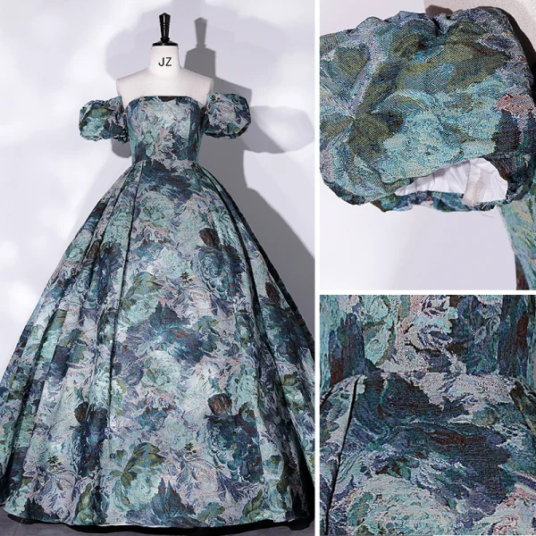 Vintage / Retro Multi-Colors Printing Satin Prom Dresses 2022 Ball Gown Strapless Short Sleeve Backless Floor-Length / Long Formal Dresses