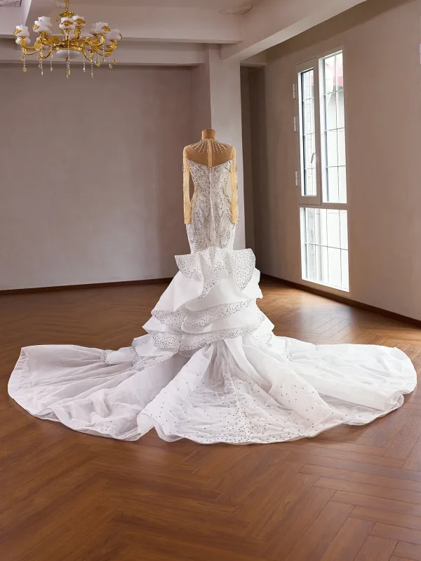 Luxury / Gorgeous White Handmade  Beading Pearl Rhinestone Sequins Wedding Dresses 2026 Trumpet / Mermaid Scoop Neck Long Sleeve Backless Chapel Train