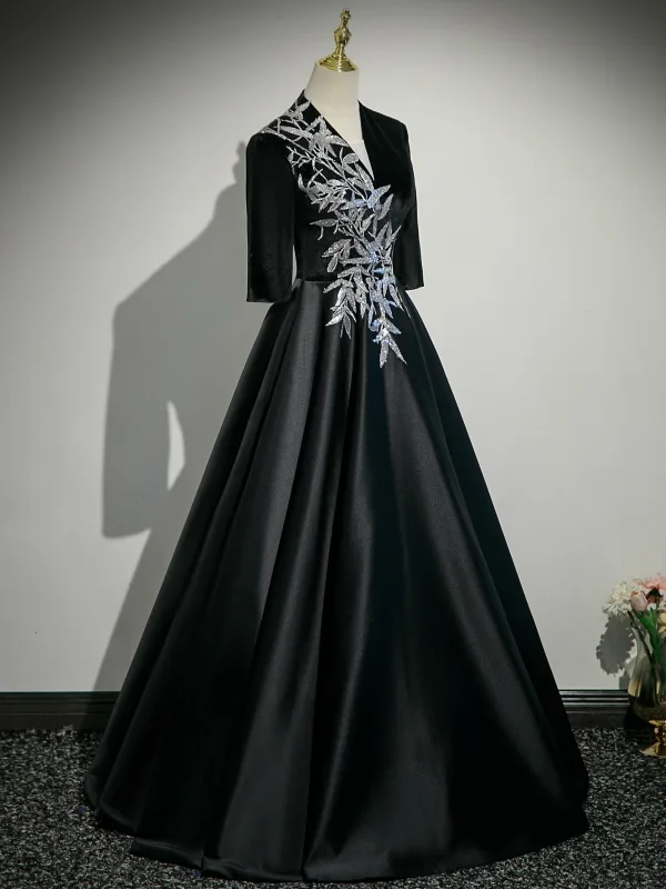 Vintage / Retro Black Sequins Lace Flower Velvet Floor-Length / Long Mother Of The Bride Dresses 2025 A-Line / Princess V-Neck 1/2 Sleeves