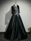 Vintage / Retro Black Sequins Lace Flower Velvet Floor-Length / Long Mother Of The Bride Dresses 2025 A-Line / Princess V-Neck 1/2 Sleeves