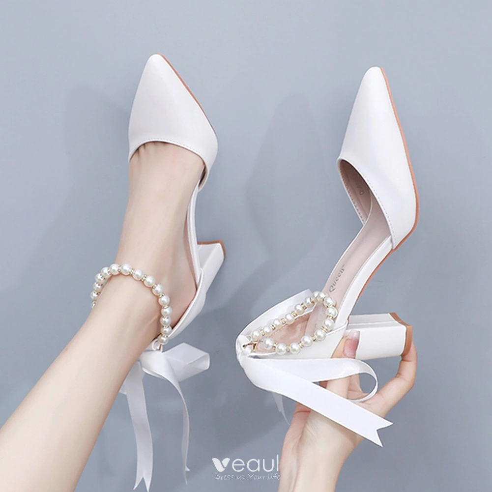 White Pearl Ankle Strap Heels | Elegant Pointed Toe Party Sandals