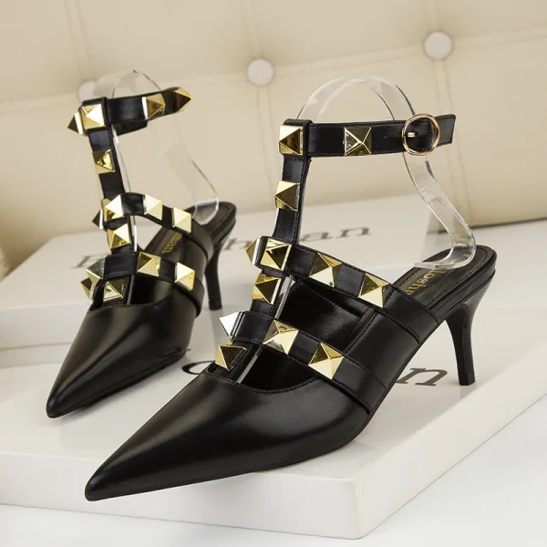 Romain Sexy Nues Soirée Rivet Chaussures Femmes 2022 T-Strap 6 cm Talons Aiguilles À Bout Pointu Talons Hauts