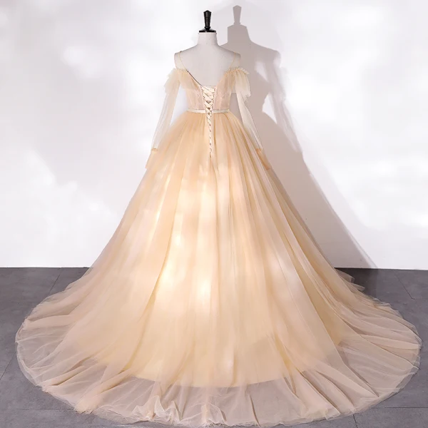 Chic / Beautiful Champagne Beading Lace Flower Prom Dresses 2022 A-Line / Princess Scoop Neck Long Sleeve Backless Sash Floor-Length / Long Prom Formal Dresses