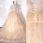 Chic / Beautiful Champagne Beading Lace Flower Prom Dresses 2022 A-Line / Princess Scoop Neck Long Sleeve Backless Sash Floor-Length / Long Prom Formal Dresses