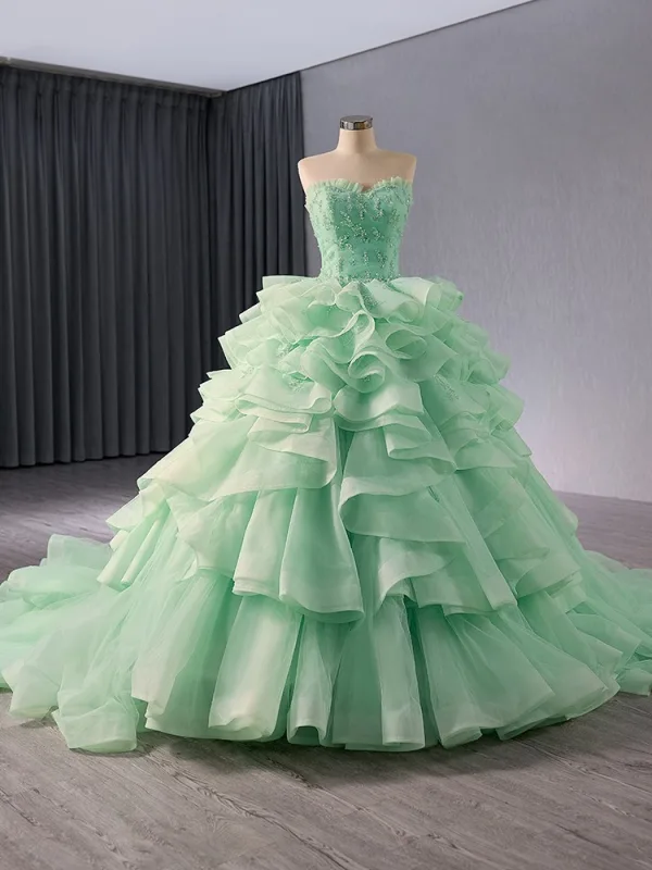 High-end Sage Green Beading Pearl Sequins Cascading Ruffles Prom Dresses 2024 Ball Gown Strapless Sleeveless Backless Chapel Train Prom Formal Dresses