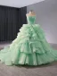 High-end Sage Green Beading Pearl Sequins Cascading Ruffles Prom Dresses 2024 Ball Gown Strapless Sleeveless Backless Chapel Train Prom Formal Dresses