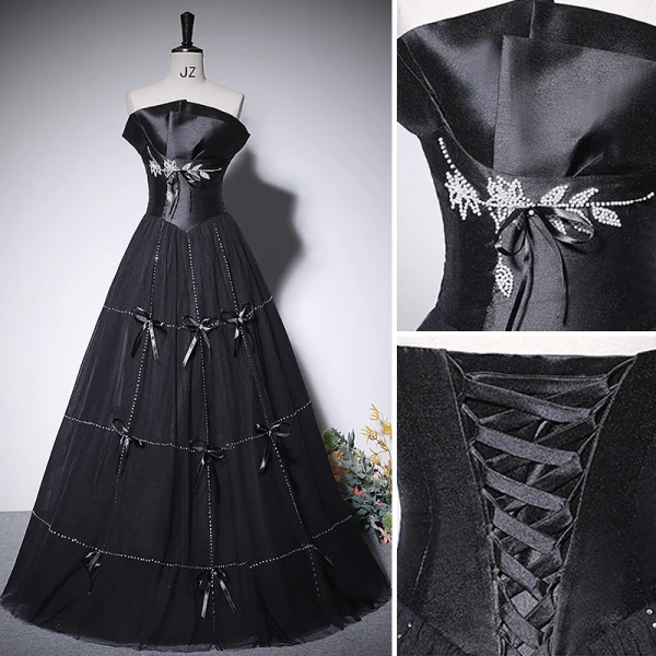 Elegant Black Pearl Bow Prom Dresses 2022 A-Line / Princess Strapless Sleeveless Backless Floor-Length / Long Prom Formal Dresses
