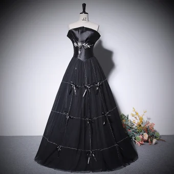 Élégant Noire Perle Noeud Robe De Bal 2022 Princesse Bustier Sans Manches Dos Nu Longue Promo Robe De Ceremonie