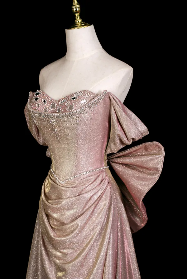 Sexy Rougissant Rose Faux Diamant Paillettes Robe De Soirée 2025 Trompette / Sirène De l'épaule Manches Courtes Dos Nu Noeud Longue Robe De Ceremonie