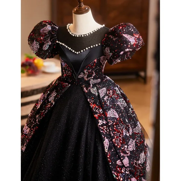 Vintage / Retro Black Pearl Sequins Birthday Flower Girl Dresses 2025 Ball Gown Scoop Neck Puffy Short Sleeve Backless Floor-Length / Long Tulle