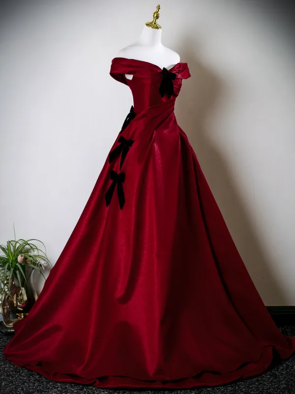 Elegant Burgundy Bow Prom Dresses 2025 Ball Gown Off-The-Shoulder Short Sleeve Backless Sweep Train Formal Dresses