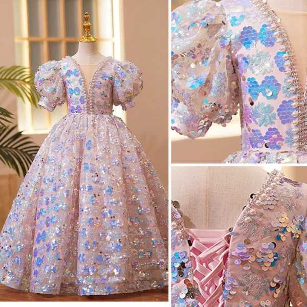 Scintillantes Mode Rougissant Rose Perle Faux Diamant Paillettes Anniversaire Robe Ceremonie Fille 2022 Robe Boule Encolure Carrée Gonflée Manches Courtes Dos Nu Longue Robe Ceremonie Fille