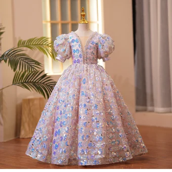 Scintillantes Mode Rougissant Rose Perle Faux Diamant Paillettes Anniversaire Robe Ceremonie Fille 2022 Robe Boule Encolure Carrée Gonflée Manches Courtes Dos Nu Longue Robe Ceremonie Fille