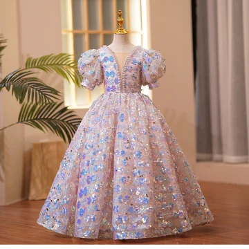 Scintillantes Mode Rougissant Rose Perle Faux Diamant Paillettes Anniversaire Robe Ceremonie Fille 2022 Robe Boule Encolure Carrée Gonflée Manches Courtes Dos Nu Longue Robe Ceremonie Fille