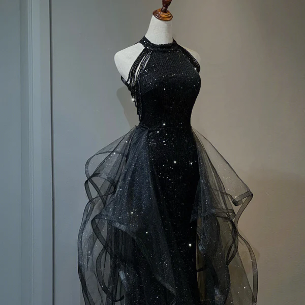 Charming Black Beading Tassel Sequins Cascading Ruffles Evening Dresses 2023 Trumpet / Mermaid Scoop Neck Sleeveless Evening Party Floor-Length / Long Formal Dresses
