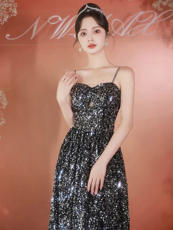 Sparkly Sexy Black Sequins Evening Dresses 2023 A-Line Princess Spaghetti Straps Long