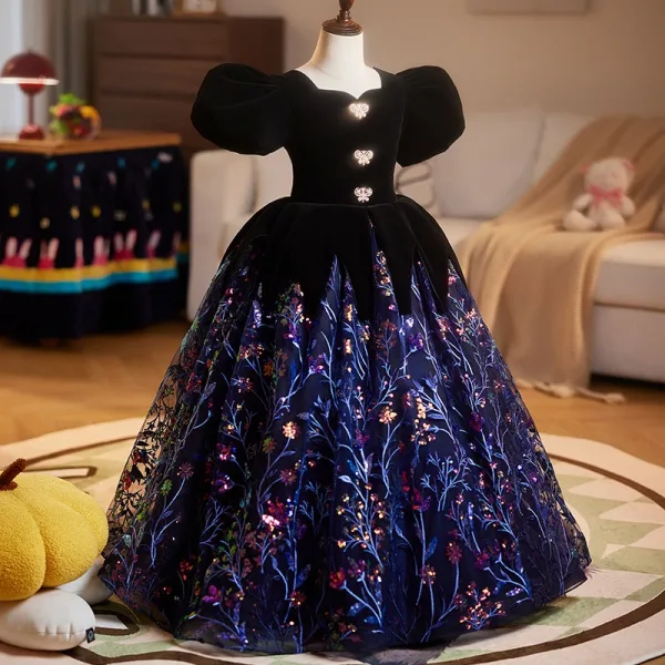 Vintage / Retro Black Sequins Lace Flower Birthday Flower Girl Dresses 2025 Ball Gown Square Neckline Puffy Short Sleeve Backless Floor-Length / Long