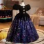 Vintage / Retro Black Sequins Lace Flower Birthday Flower Girl Dresses 2025 Ball Gown Square Neckline Puffy Short Sleeve Backless Floor-Length / Long