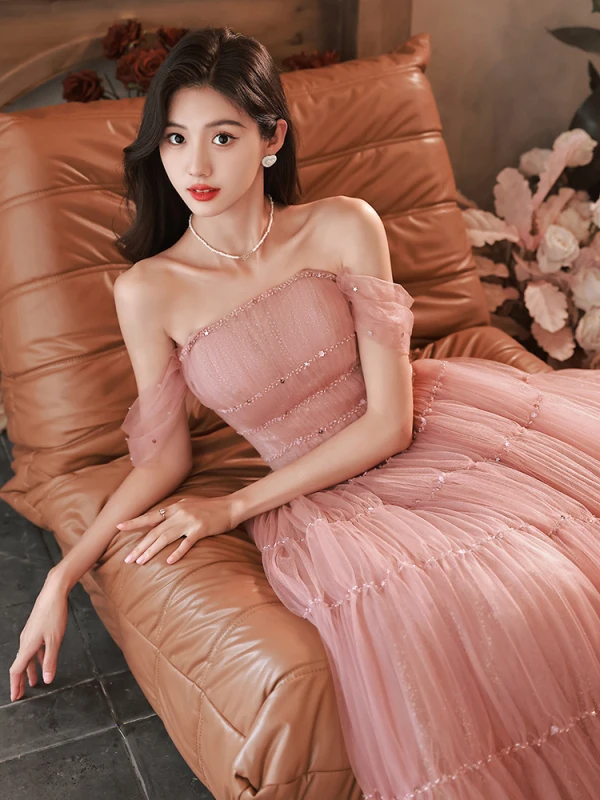 Charming Blushing Pink Beading Pleated Evening Dresses 2023 A-Line / Princess Off-The-Shoulder Sleeveless Backless Floor-Length / Long Evening Party Formal Dresses