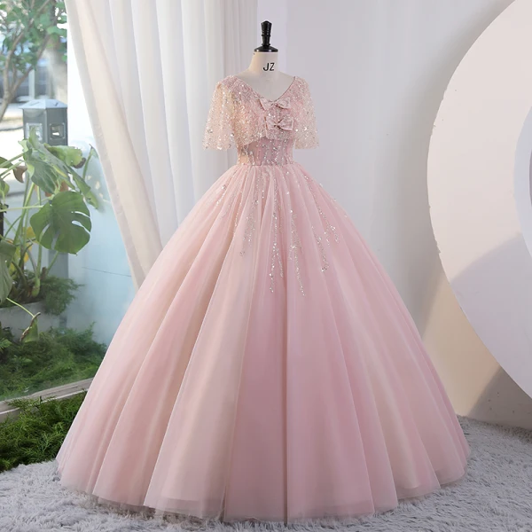 Charmant Rougissant Rose Perlage Noeud Paillettes Robe De Bal 2023 Robe Boule V-Cou Manches Courtes Dos Nu Longue Promo Robe De Ceremonie