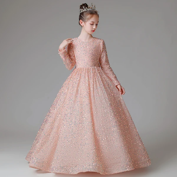 Scintillantes Rougissant Rose Paillettes Robe Ceremonie Fille 2022 Robe Boule Encolure Dégagée Manches Longues Noeud Longue Promo Robe Ceremonie Fille